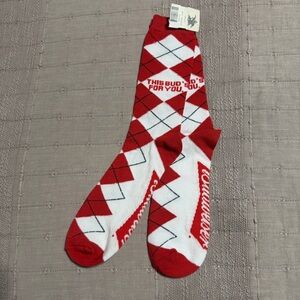 New Budweiser Crew Socks Men Red White Black Argyle Beer Theme 1 Pair